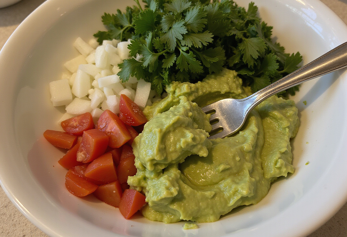 Mélange d'avocat écrasé pour la recette guacamole traditionnel.