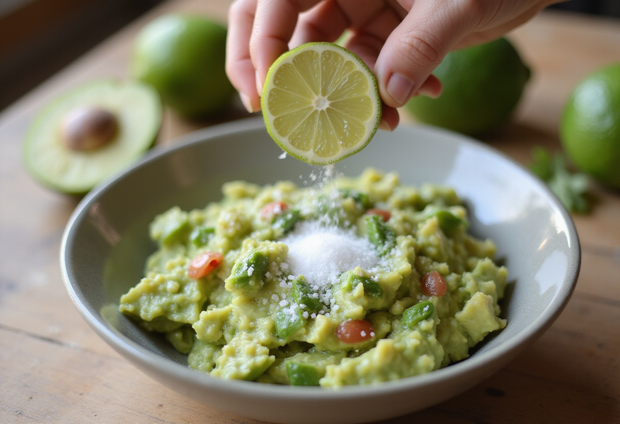 Ajout de jus de lime et de sel au guacamole facile pour un goût relevé.