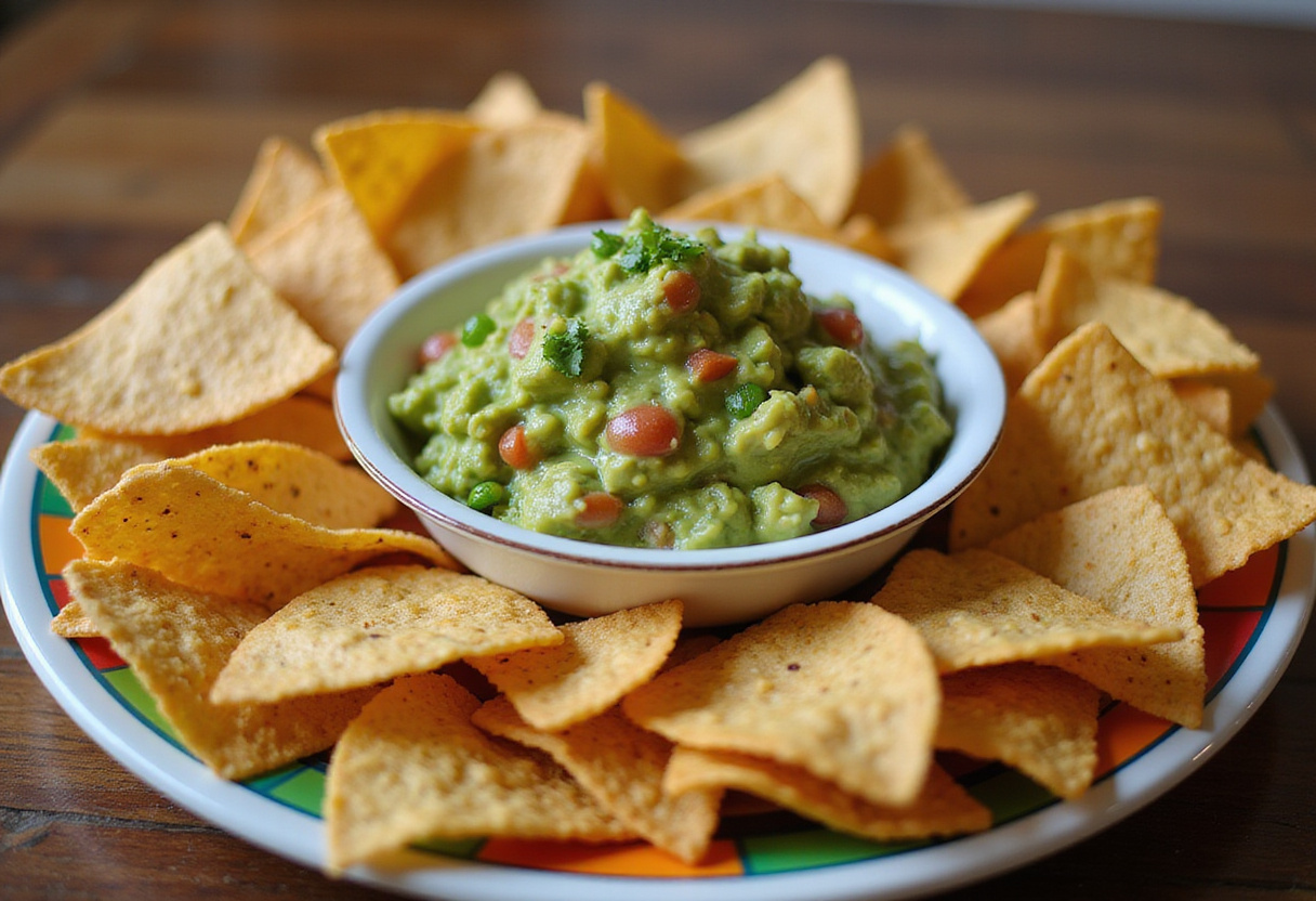 Bol de guacamole traditionnel accompagné de chips maison pour un apéritif mexicain.