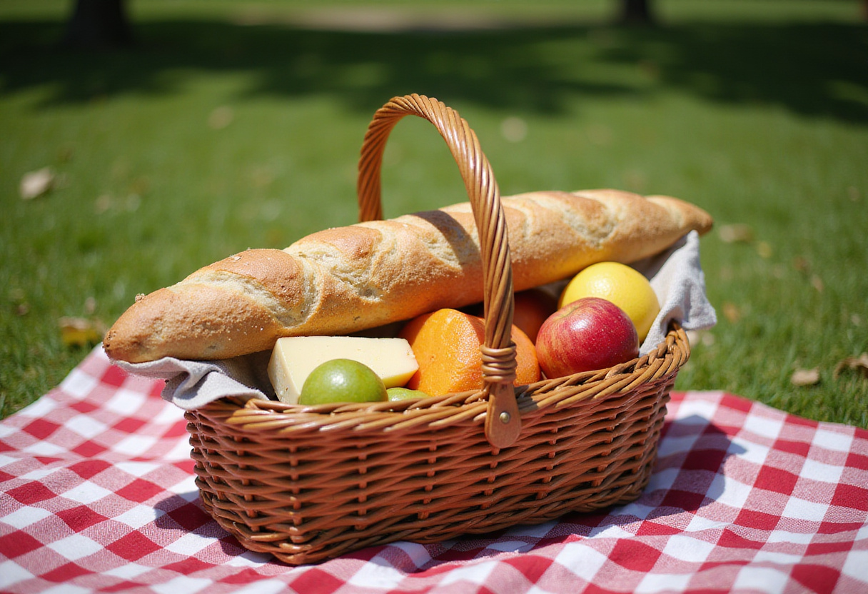 Idées de pique-nique avec une baguette fraîche et des fromages variés dans un panier de pique-nique.