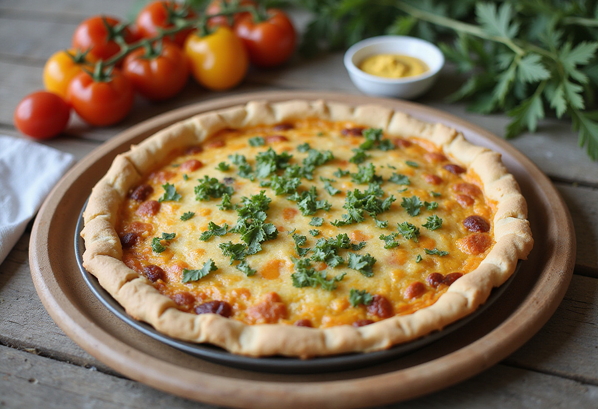 Une quiche appétissante présentée comme pièce maîtresse d'un menu de pique-nique français.