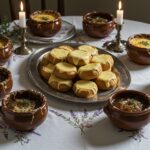 Finished amuse-bouches with Gruyère cheese in mini-boules pain, alongside delectable soupe à l'oignon, ideal for gatherings.