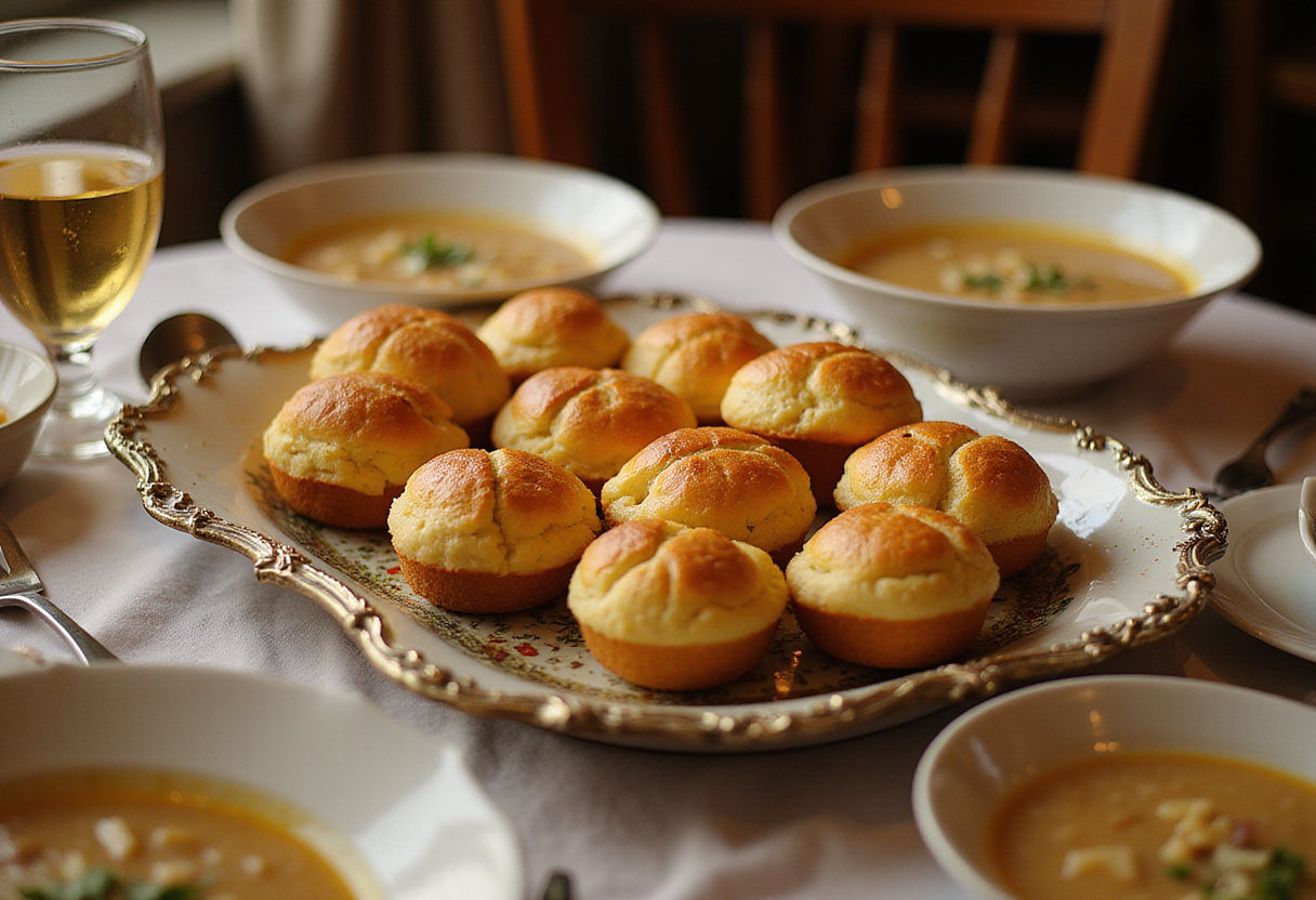 Finished amuse-bouches with Gruyère cheese in mini-boules pain, alongside delectable soupe à l'oignon, ideal for gatherings.