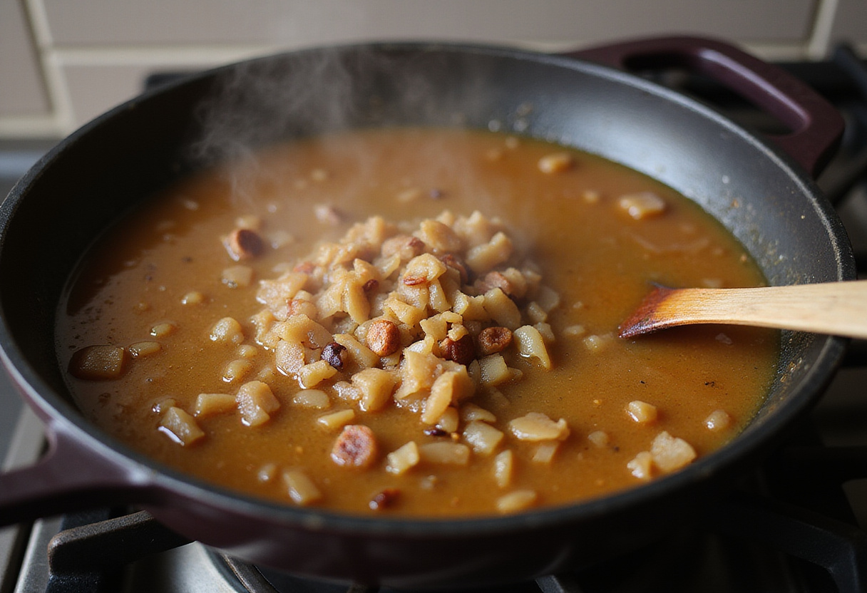 Soupe à l'oignon cooking on the stove, an essential step for delicious amuse-bouches with Gruyère.