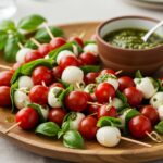 Finished mini-caprese amuses bouches on a platter, ideal for festive occasions.