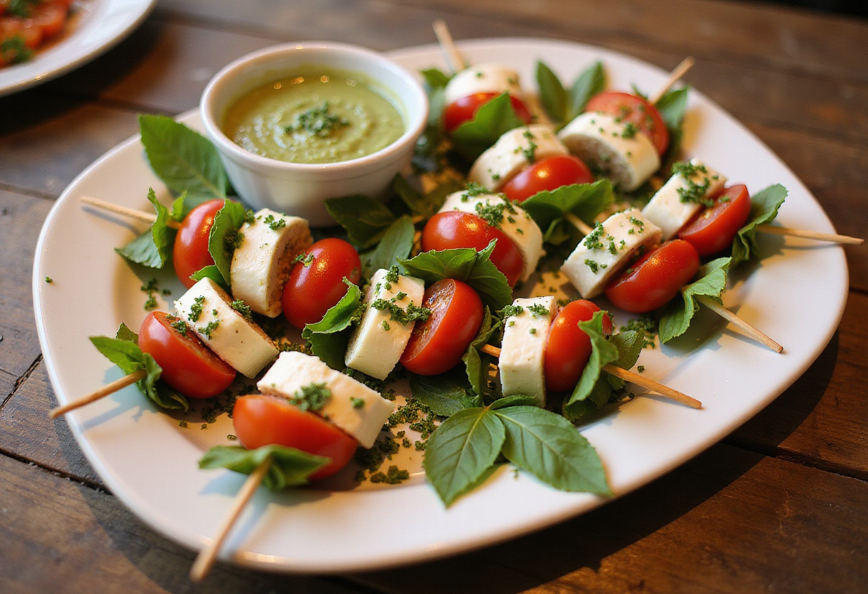 Mini-caprese amuses bouches finies sur un plateau, idéales pour les occasions festives.