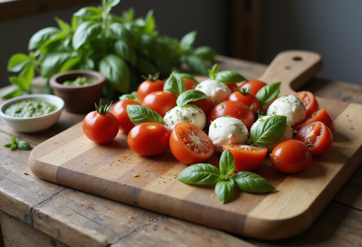 Ingrédients frais pour mini-caprese amuses bouches, y compris les tomates cerises, la mozzarella, le basilic et le pesto.