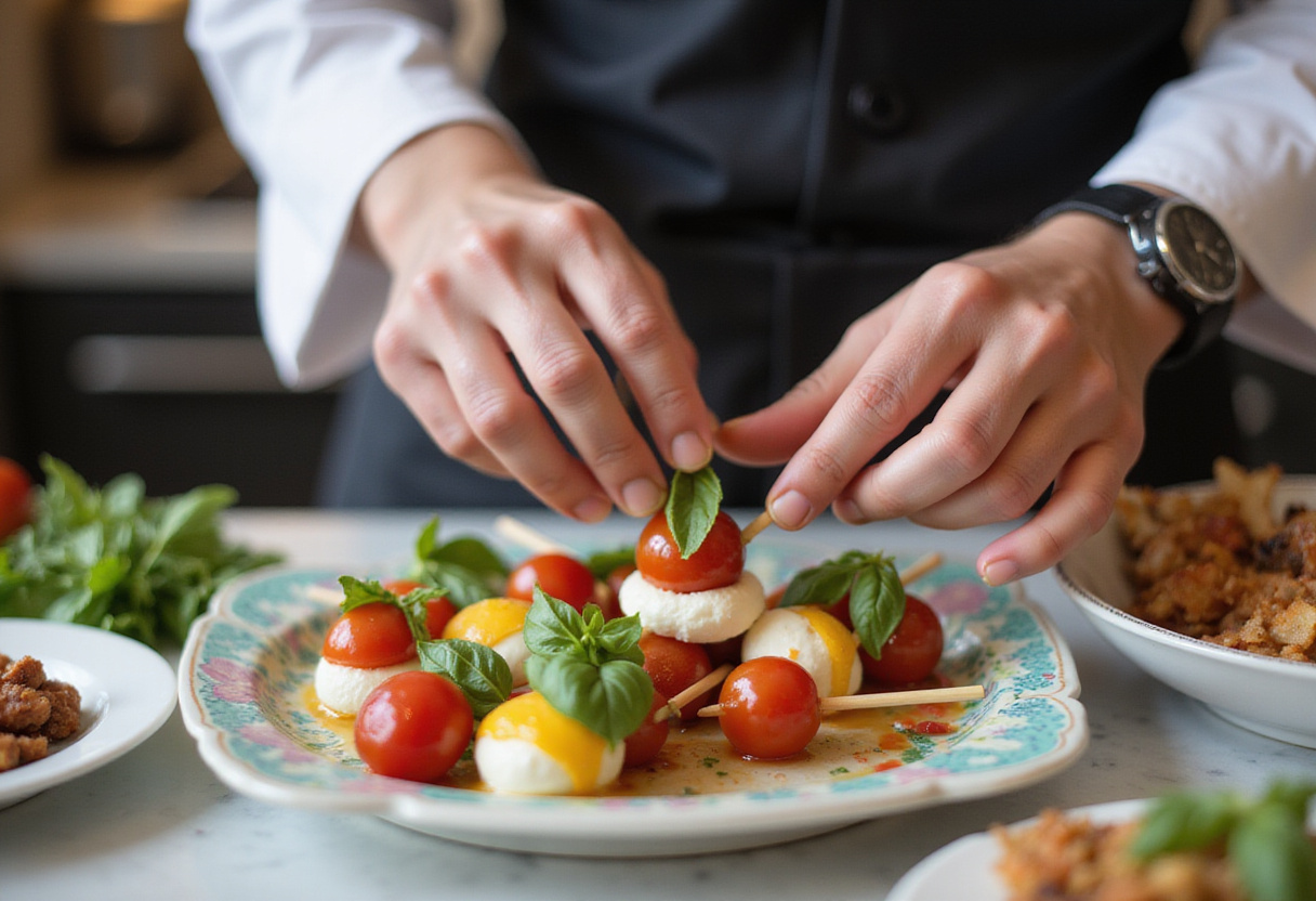 Fabrication de brochettes mini-caprese avec des tomates cerises, de la mozzarella et du basilic pour amuses bouches.