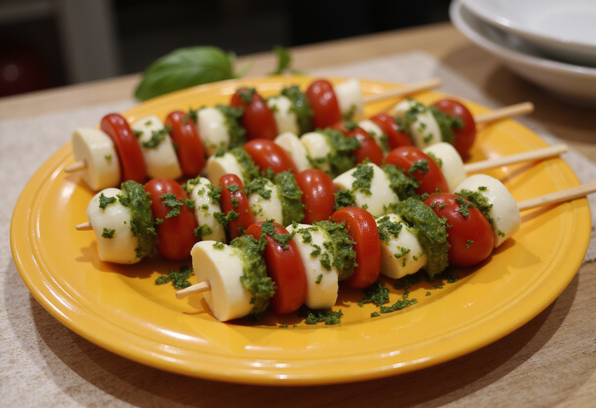 Plateau vibrant de brochettes mini-caprese arrosées de pesto pour de délicieuses amuses bouches.