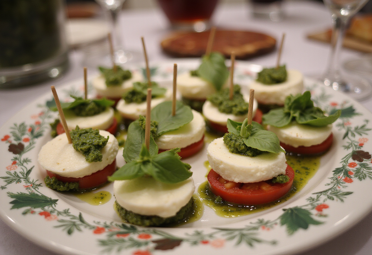 Présentation élégante de brochettes mini-caprese avec du pesto pour une présentation attrayante des amuses bouches.