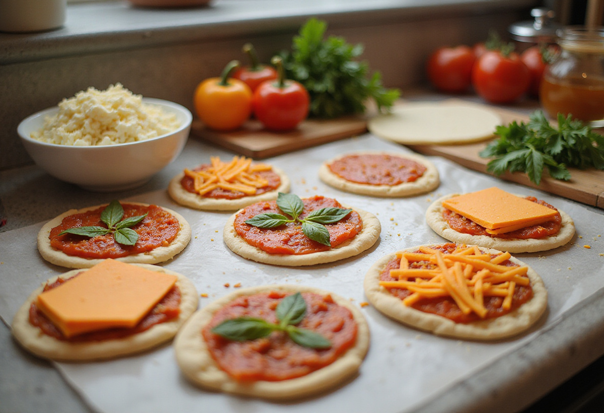 Ingrédients pour mini pizzas disposés sur un comptoir, idéaux pour des apéritifs estivaux faciles.