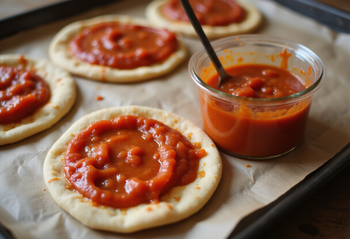 Sauce tomate étalée sur des mini pizzas, une étape clé dans la préparation d'apéritifs estivaux.