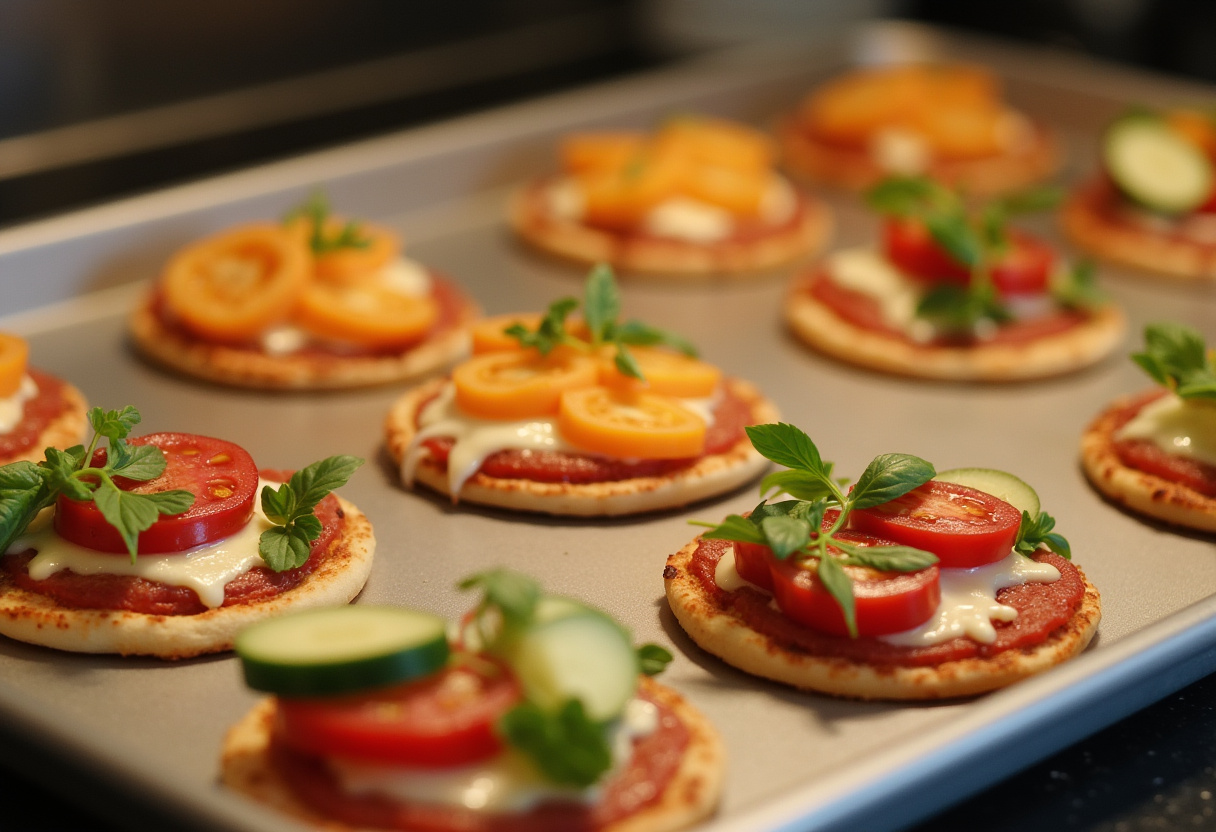 Mini pizzas chargées de légumes et de fromage avant la cuisson, parfaites pour les rassemblements estivaux.