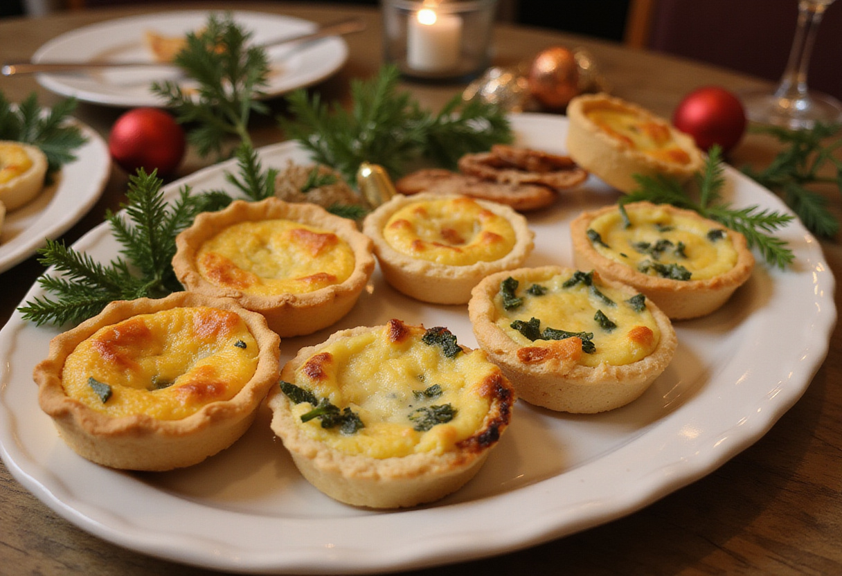 Assortiment de mini-quiches présentées pour être servies, parfaites comme apéritif rapide ou pour un rassemblement festif.