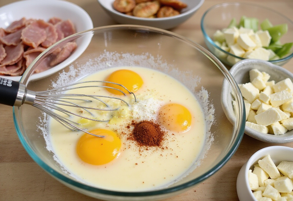 Préparation de l'appareil à quiche pour les mini-quiches, incluant la crème et les assaisonnements pour une délicieuse recette de quiche.
