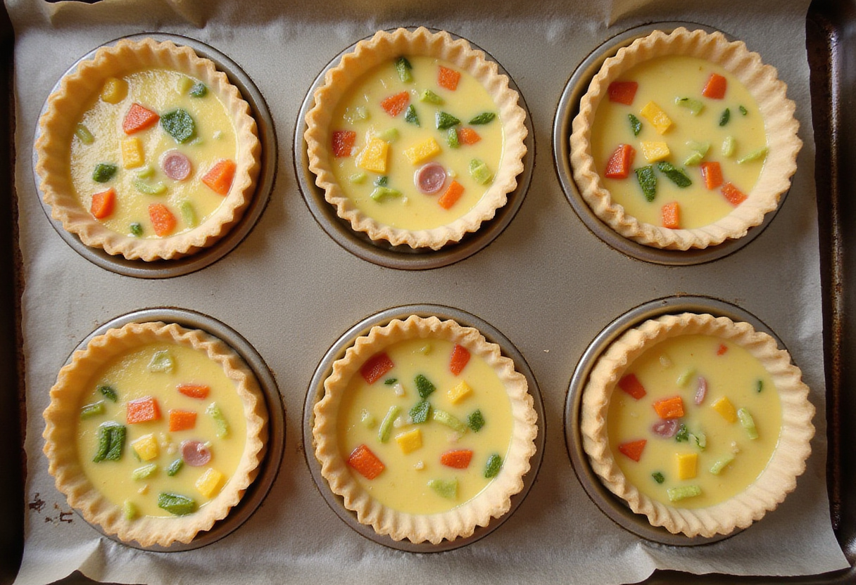 Garniture des fonds de mini-quiche avec l'appareil à quiche et un assortiment d'ingrédients pour un plat de mini-quiches savoureux.