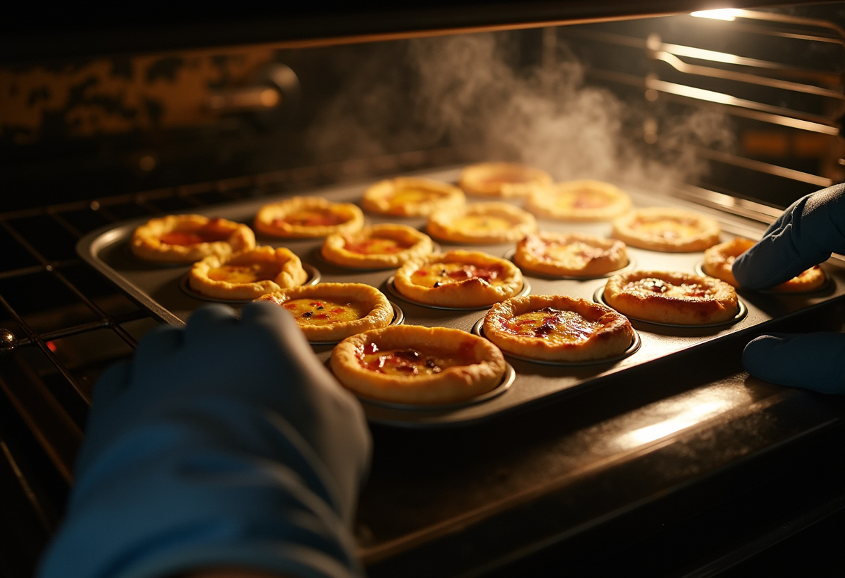 Mini-quiches placées dans le four, prêtes à cuire pour un apéritif doré et délicieux.