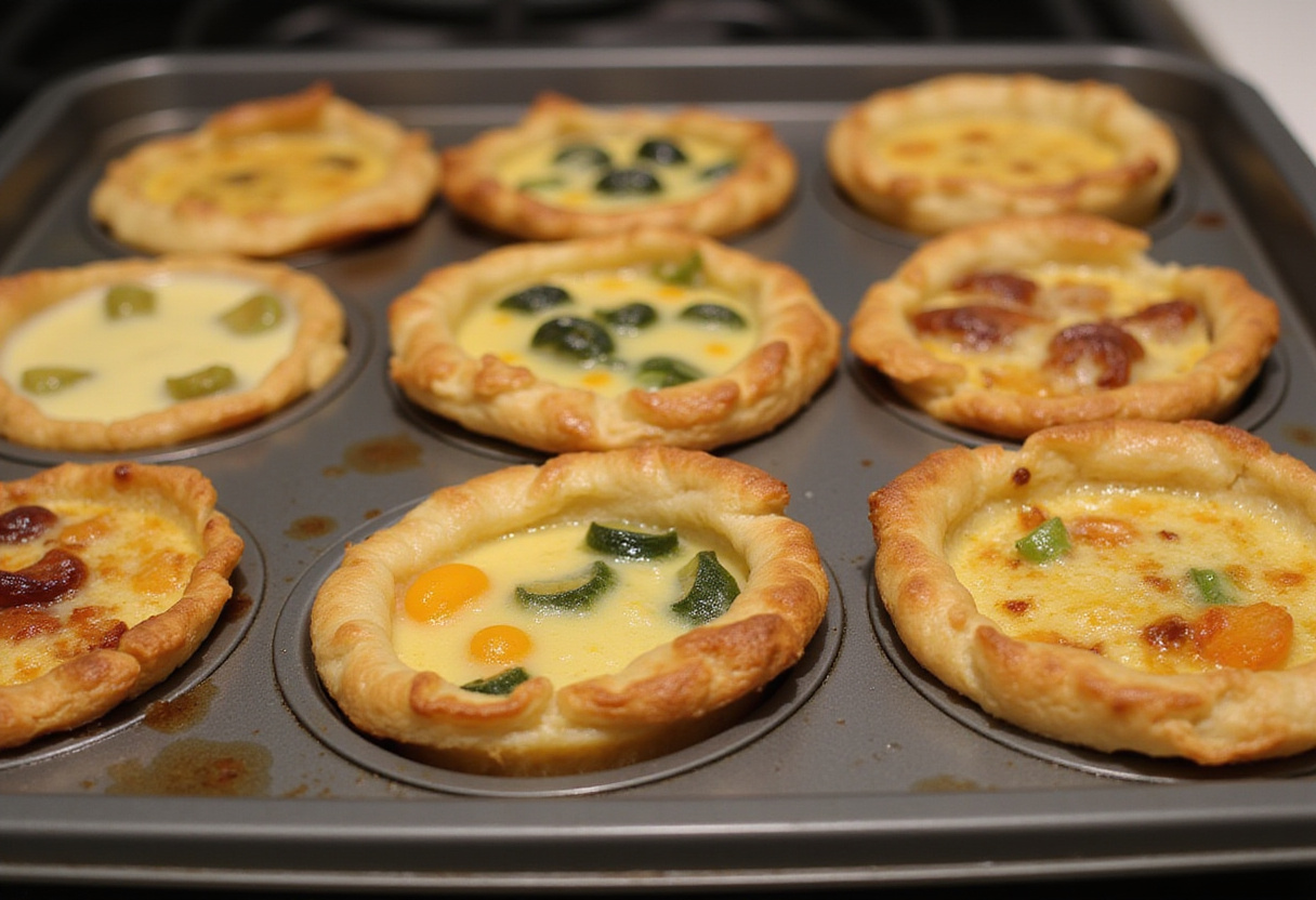 Mini-quiches Lorraine, chèvre et poireau dorées refroidissant sur une grille, mettant en avant des collations faciles et délicieuses.