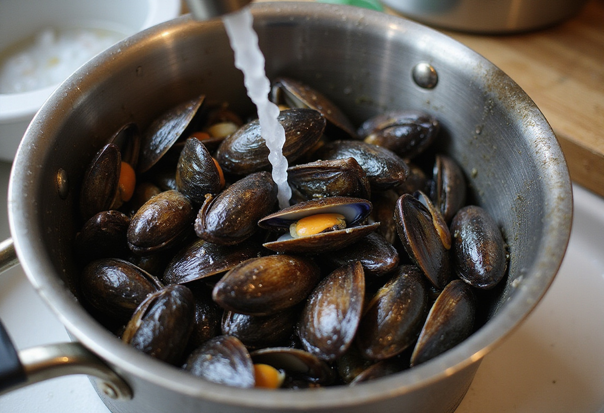Fresh mussels being rinsed for moules-frites recette rapide.