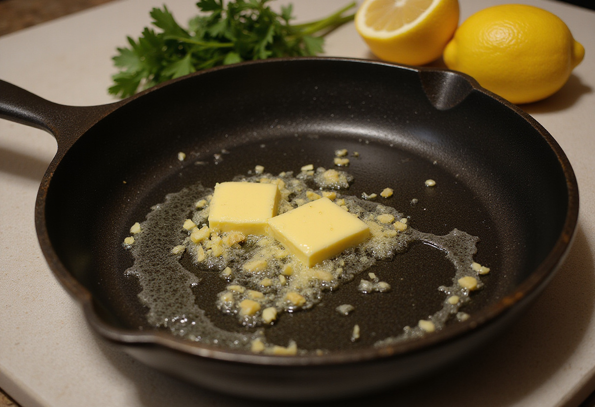 Garlic and butter sizzling for moules brasserie preparation.