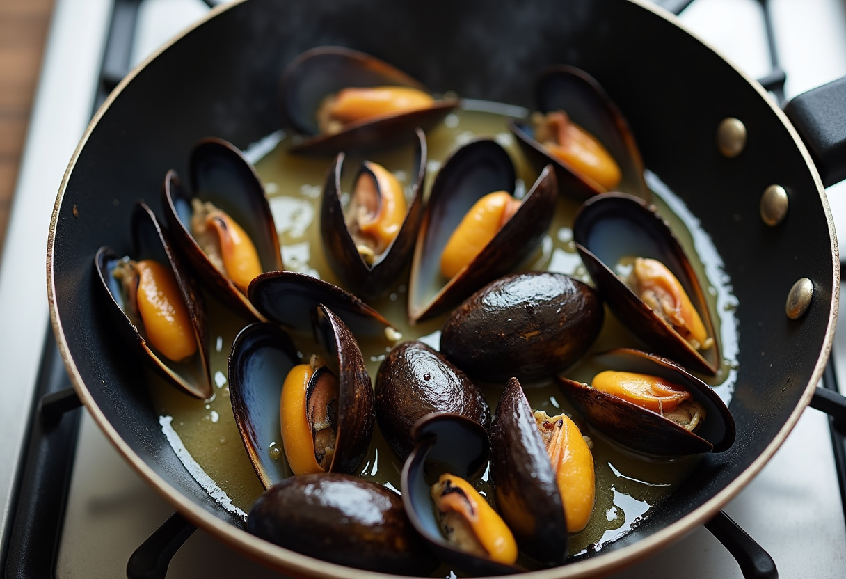 Mussels added to the garlic butter for preparing the moules-frites dish.
