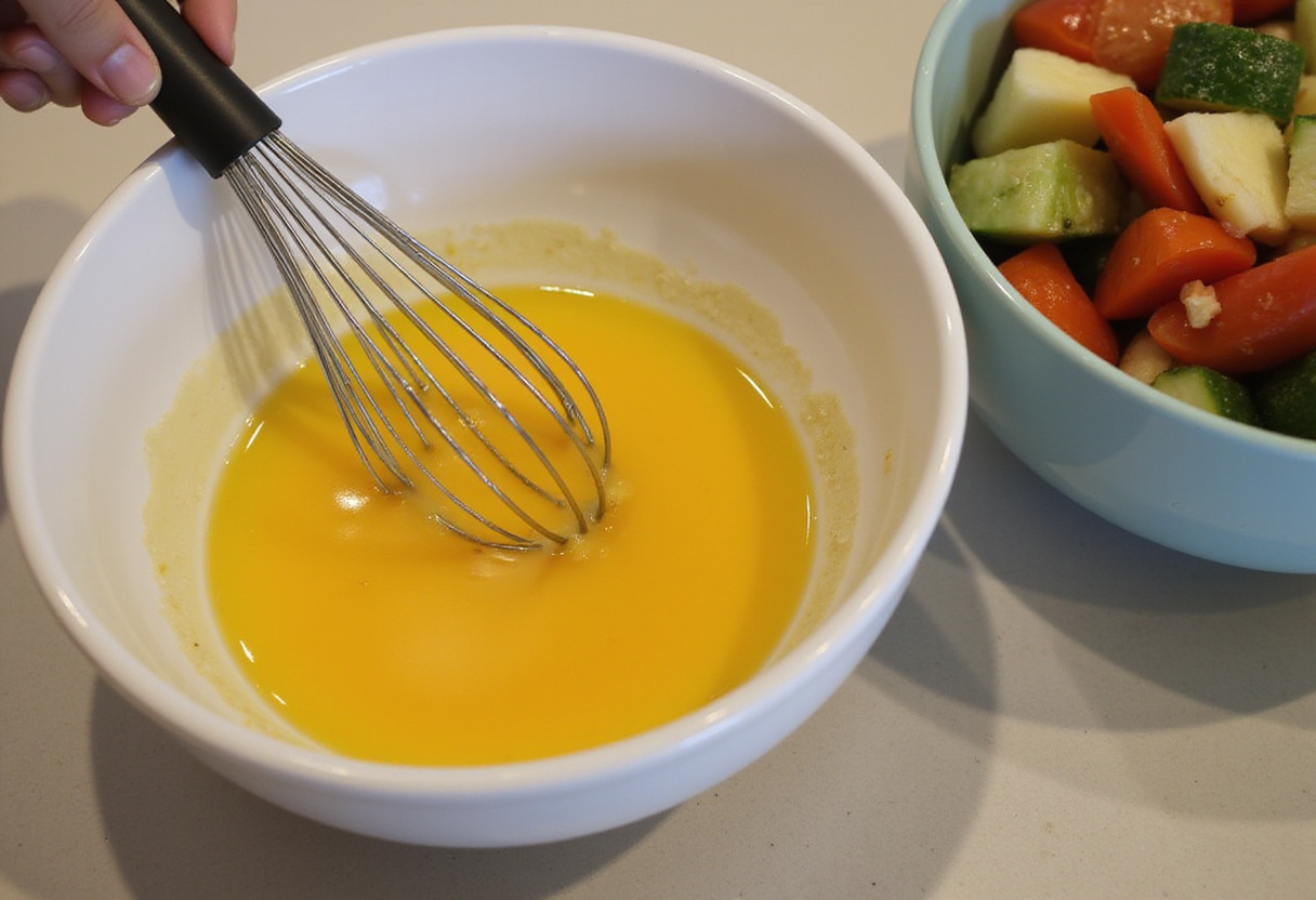 Œufs fouettés prêts à être mélangés pour des muffins santé, avec un mélange de légumes vibrant.