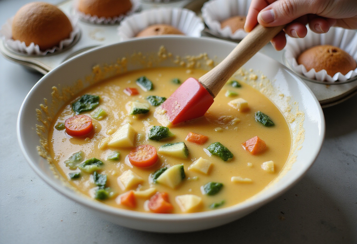Mélange des œufs et des légumes pour les muffins au petit déjeuner en préparation pour la cuisson.