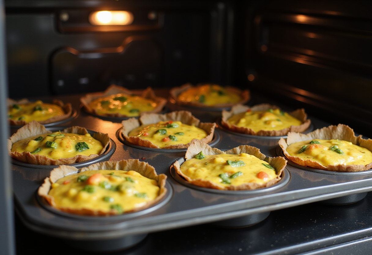Moule à muffins rempli du mélange à base d'œufs pour les muffins salés, prêts pour le four.
