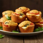 Delicious golden muffins with tomato, mozzarella, and basil, perfect for summer gatherings.