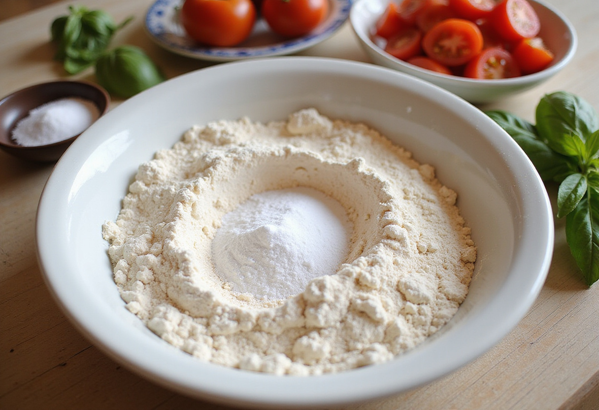 Mixing flour, baking powder, and salt for tomato mozzarella basil muffins recipe.