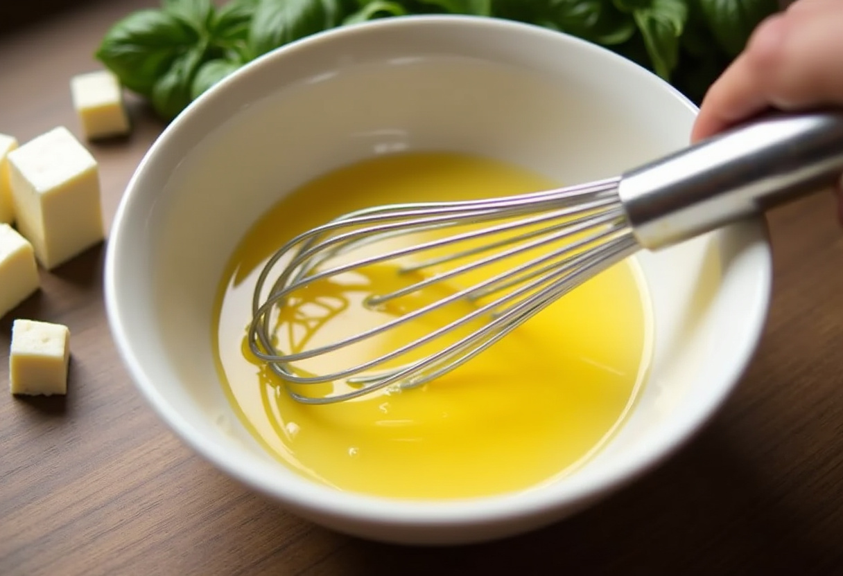 Whisking olive oil, eggs, and milk for savory tomato mozzarella basil muffins.