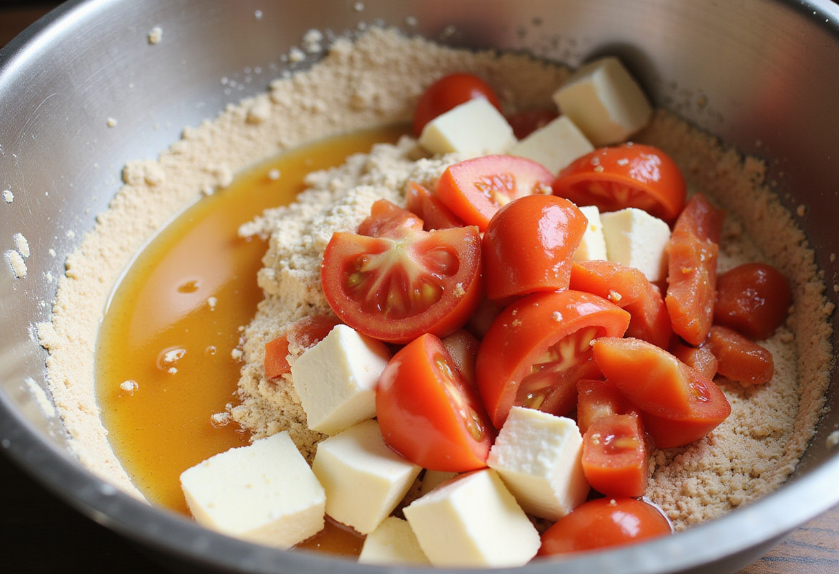 Combining wet and dry ingredients for muffins with tomato, mozzarella, and basil.
