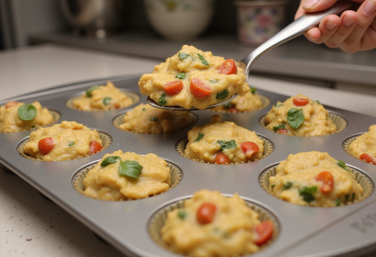 Spoonfuls of tomato mozzarella basil muffin batter in a muffin tin ready for baking.