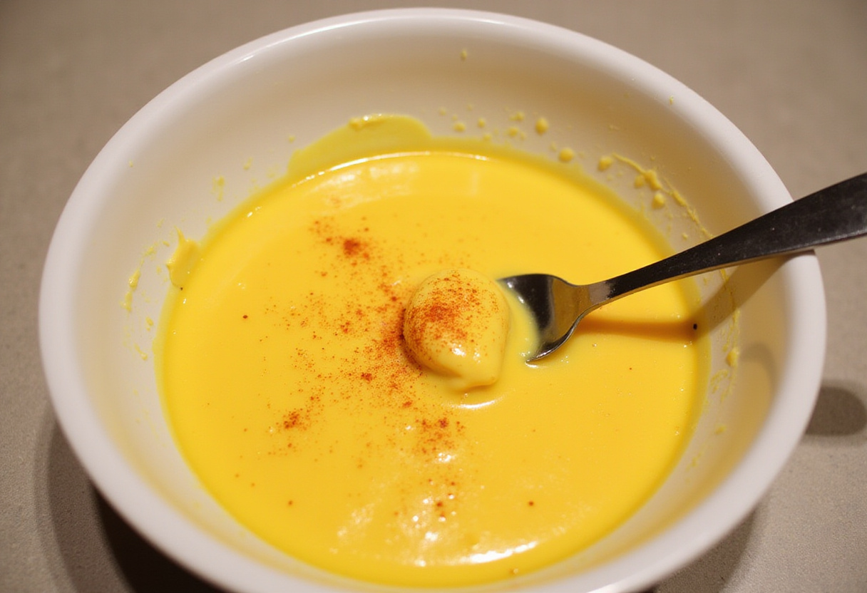 Mixing egg yolks with mayonnaise and mustard for œufs mimosa, a classic apéritif.