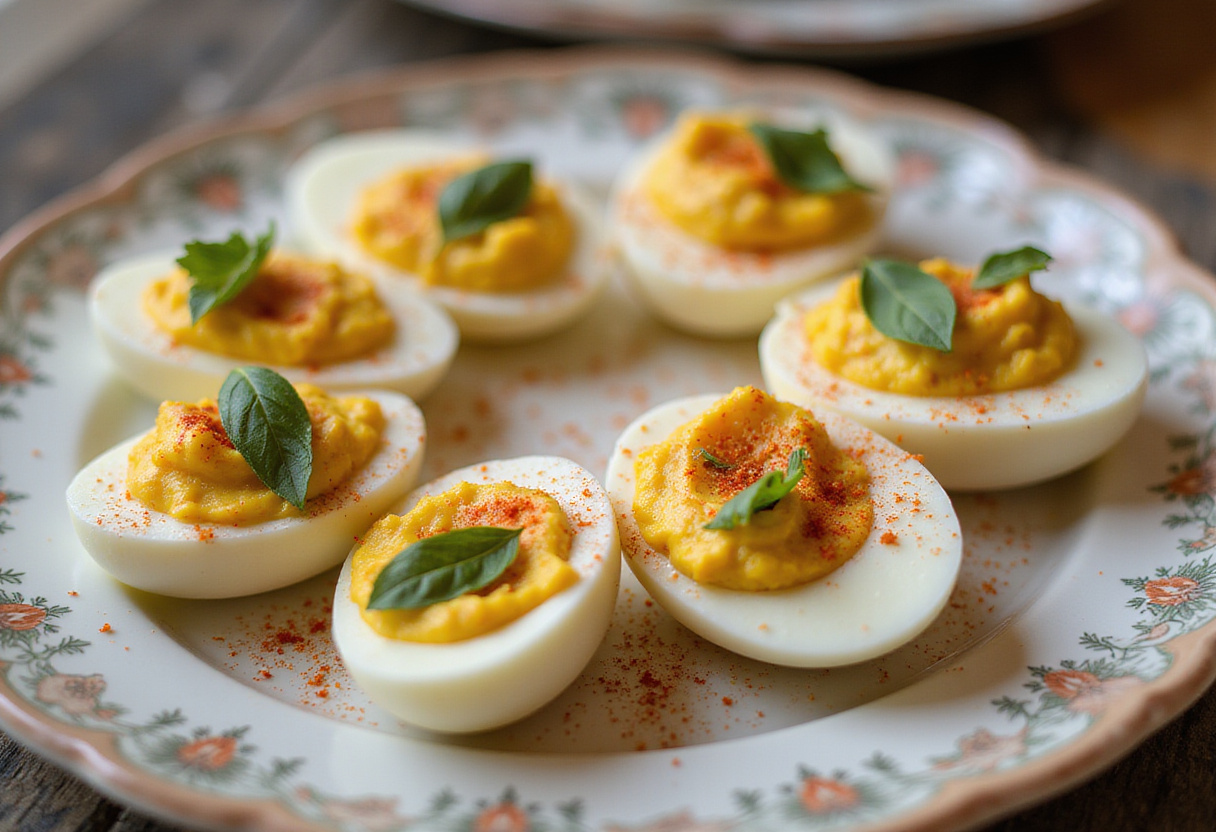 Egg halves filled with œufs mimosa mixture, presented as elegant amuse-bouches.