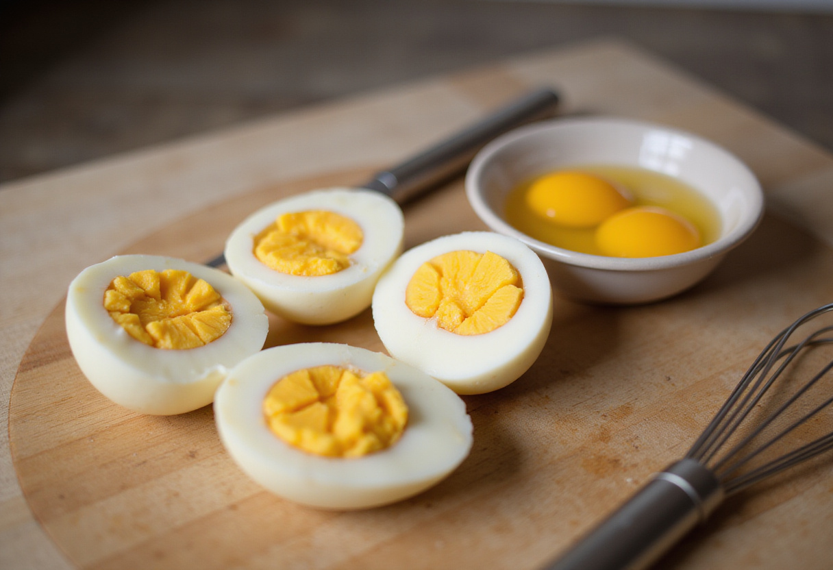 Preparation of œufs mimosa maison with boiled eggs sliced for the retro apéritif.