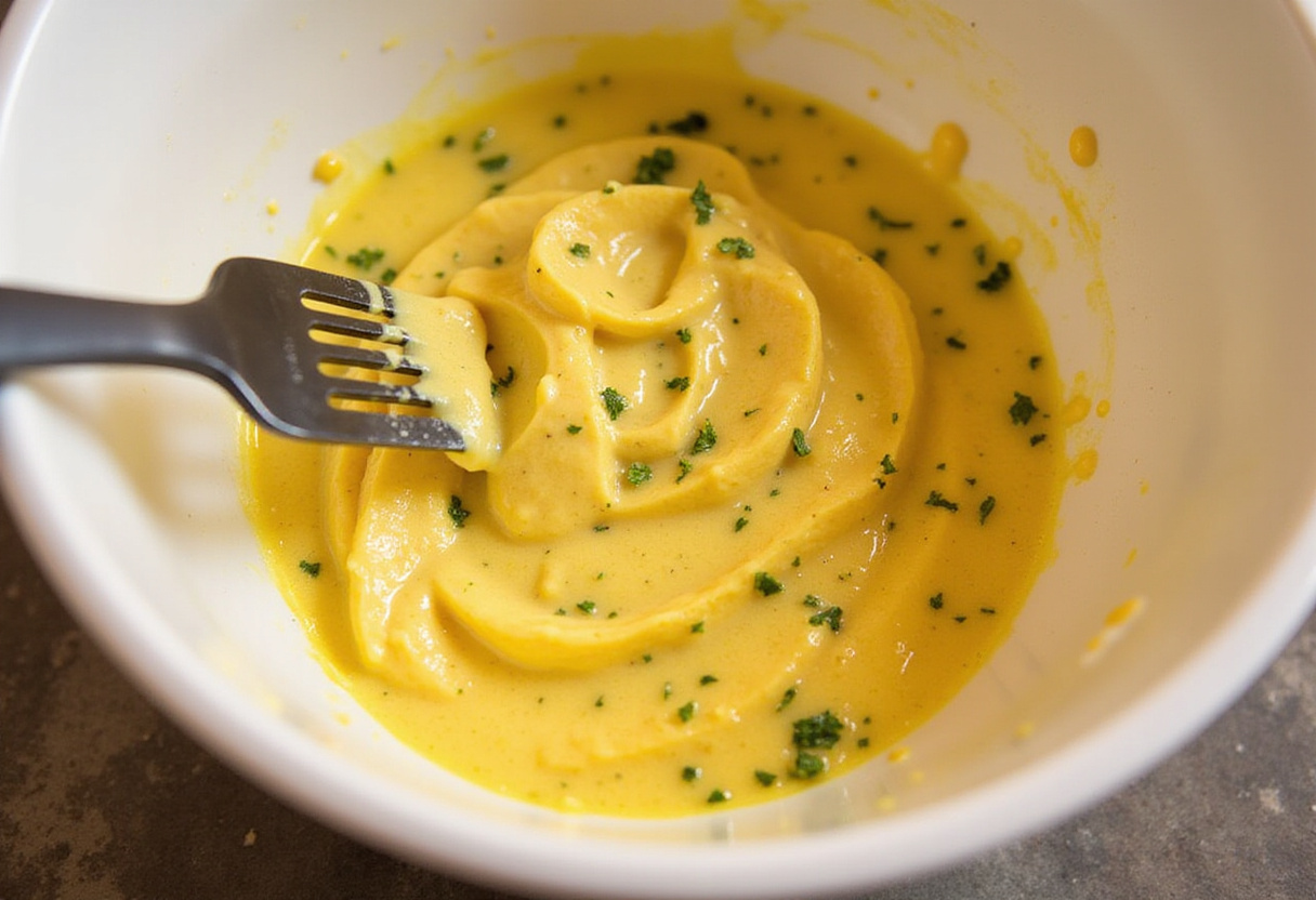Mixing yolks with mayonnaise and mustard for œufs mimosa maison recipe, a retro appetizer.