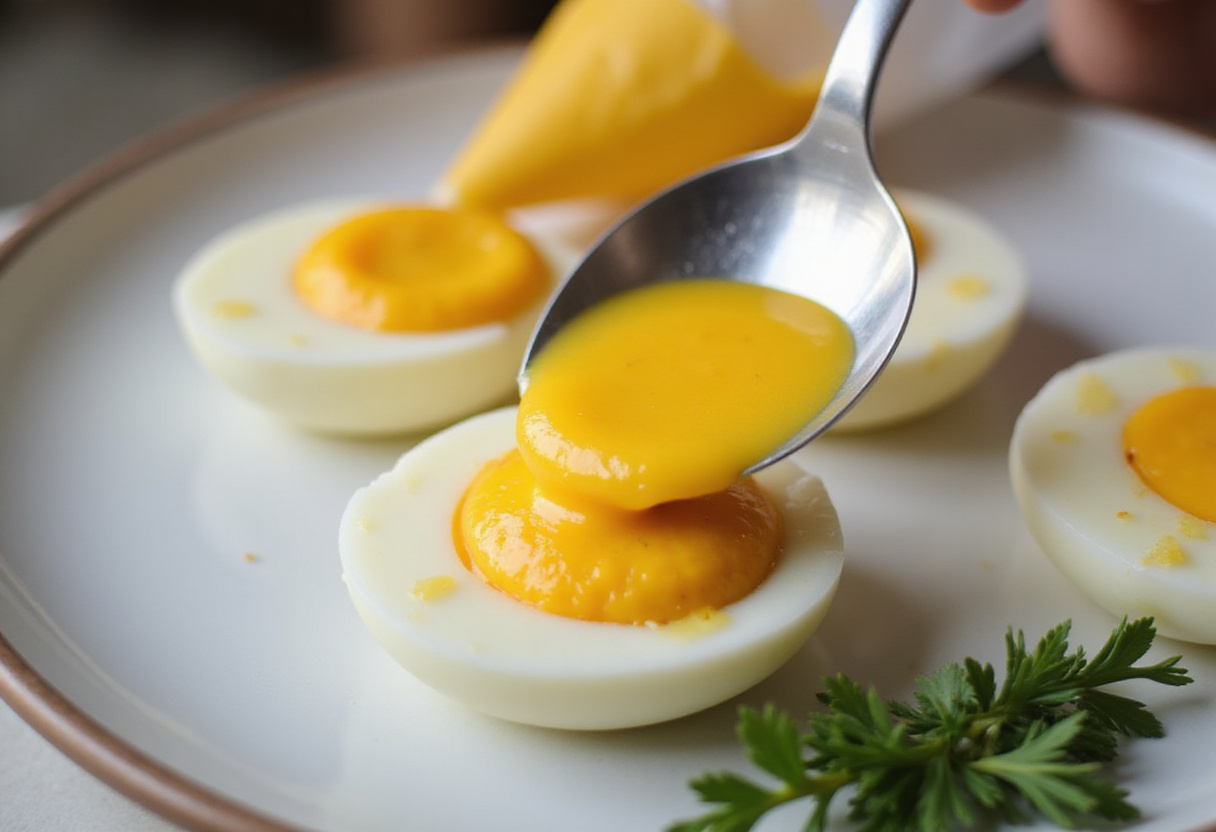 Piping the yolk mixture into egg whites for the classic œufs mimosa maison recipe, a must for summer gatherings.