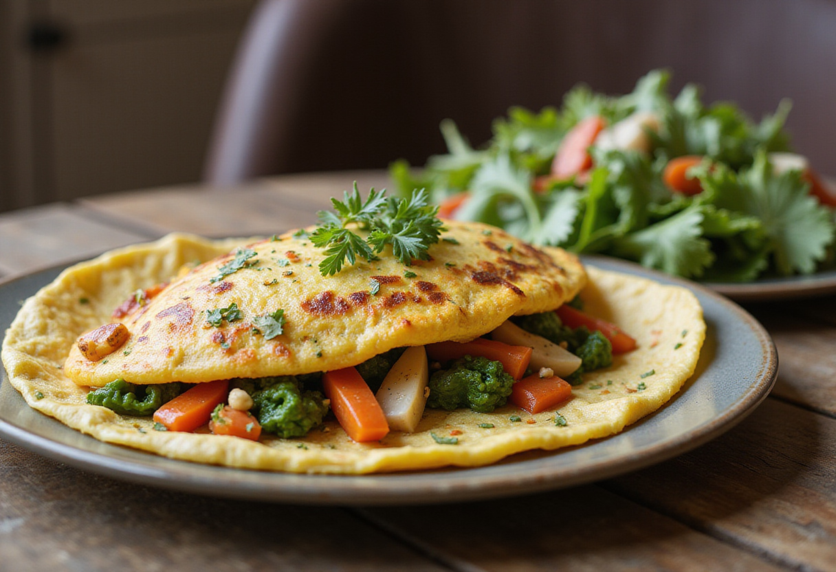 Beautifully plated vegetable omelette, colorful and healthy, ideal for a quick meal.