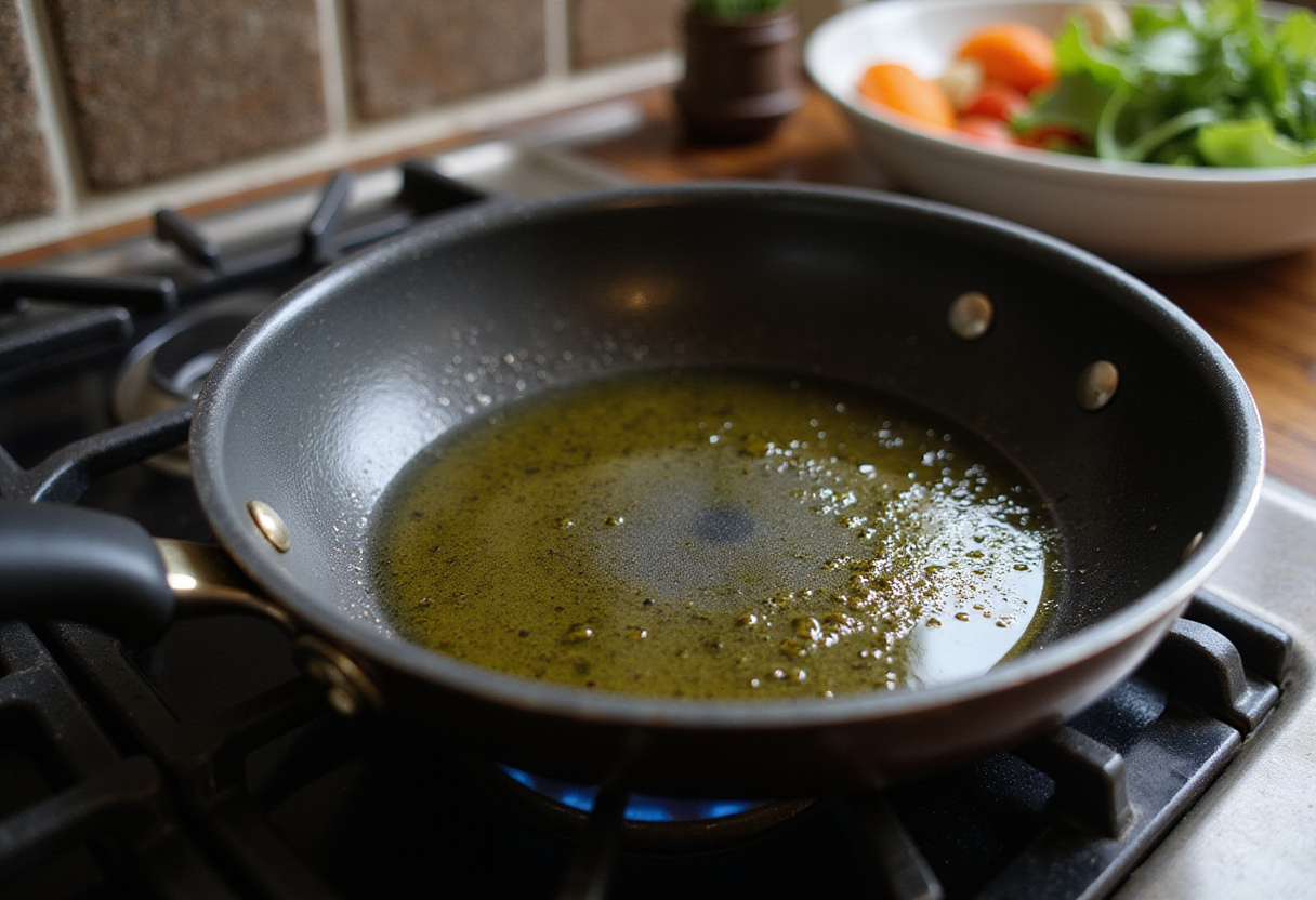 Olive oil in a skillet ready for cooking a delicious vegetable omelette.