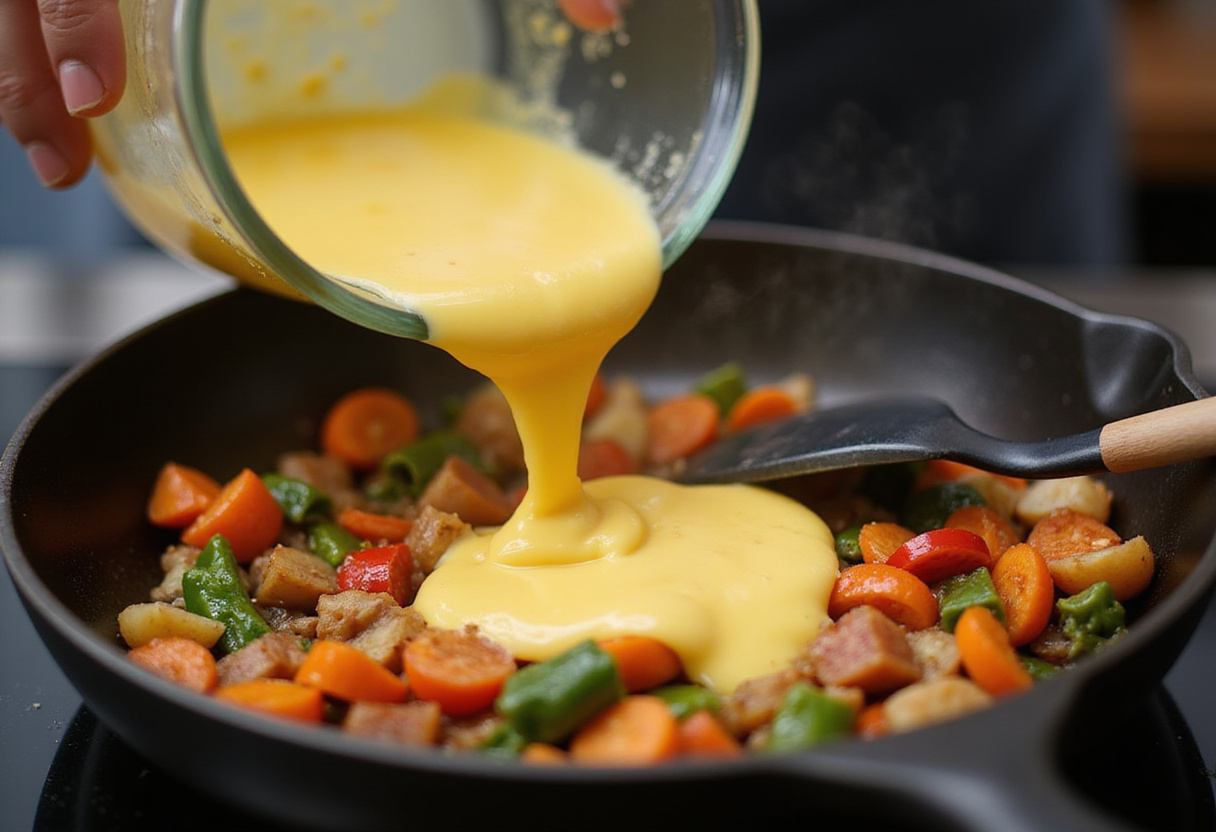 Whisked eggs poured over sautéed vegetables for making a quick healthy omelette.