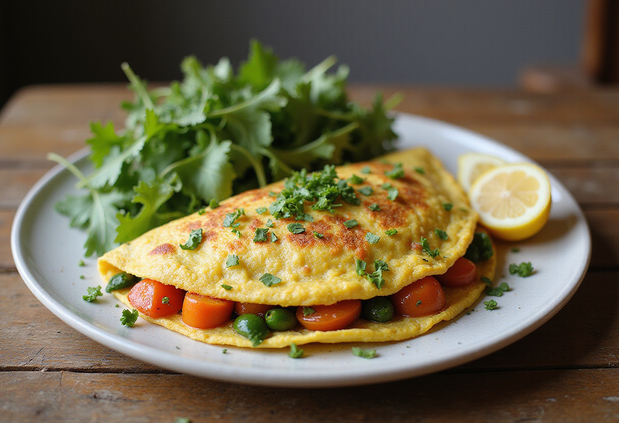 Omelette maison aux légumes finie, prête à être savourée, un repas rapide et sain.
