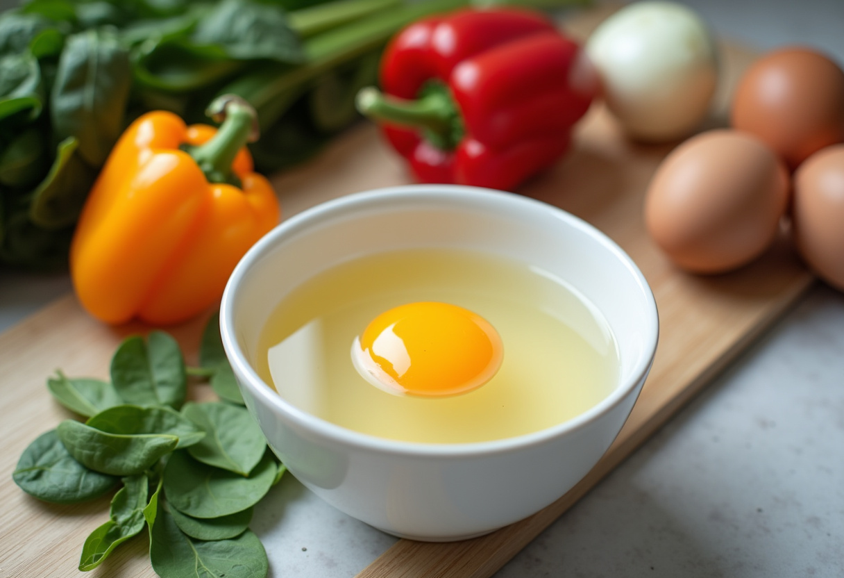 Œufs frais et légumes hachés préparés pour la confection d'une omelette maison aux légumes.