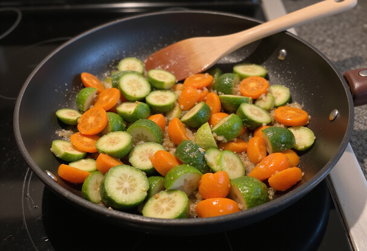 Légumes colorés sautés pour une omelette maison, mettant en évidence une préparation de repas rapide et saine.