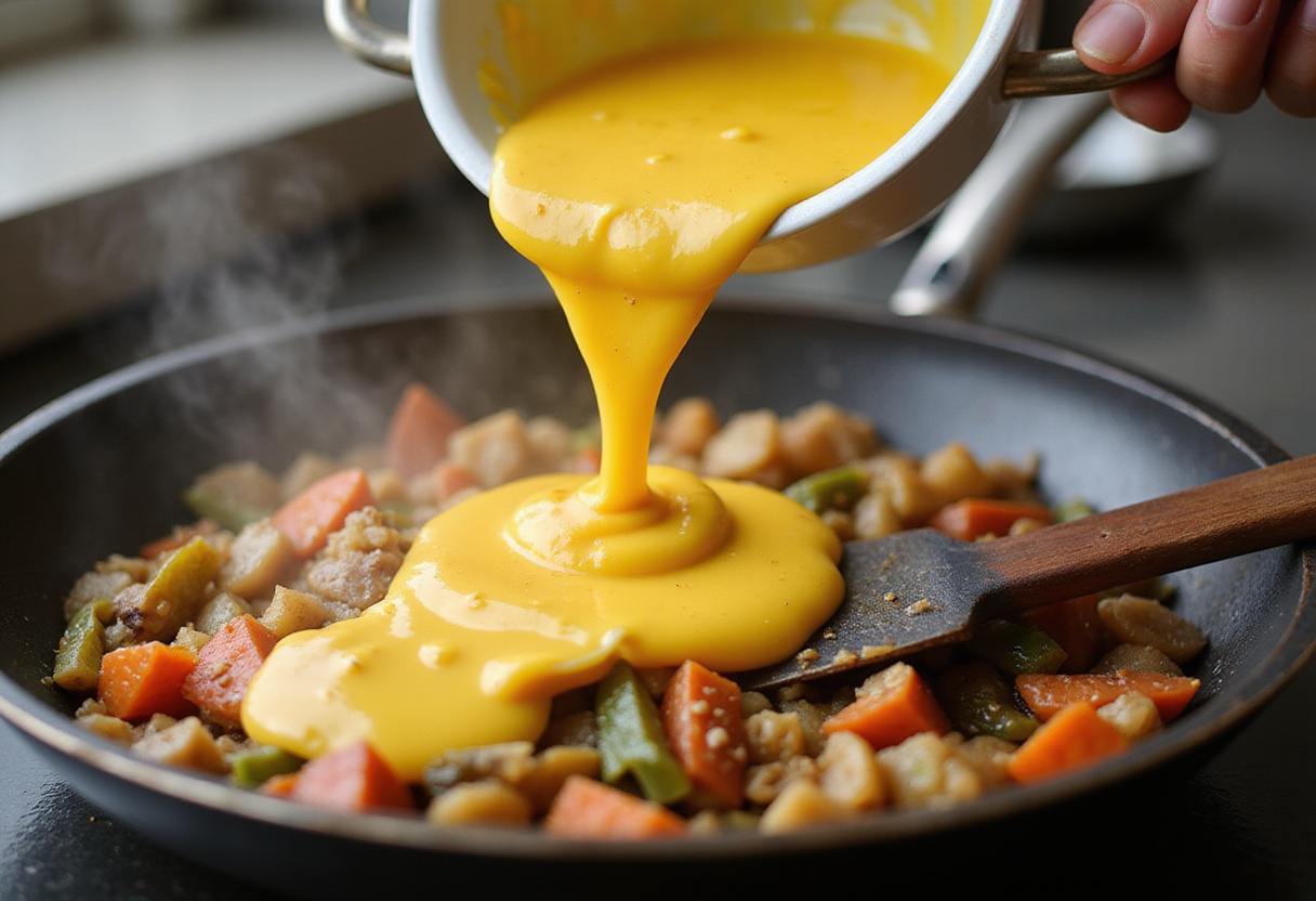 Préparation aux œufs versée sur les légumes sautés pour une délicieuse recette d'omelette maison.