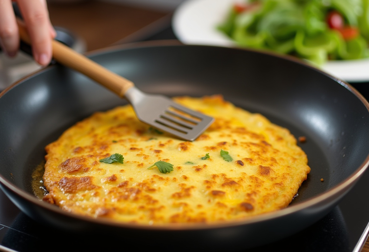 Retourner une omelette maison aux légumes dorée dans une poêle, présentant un plat rapide et sain.