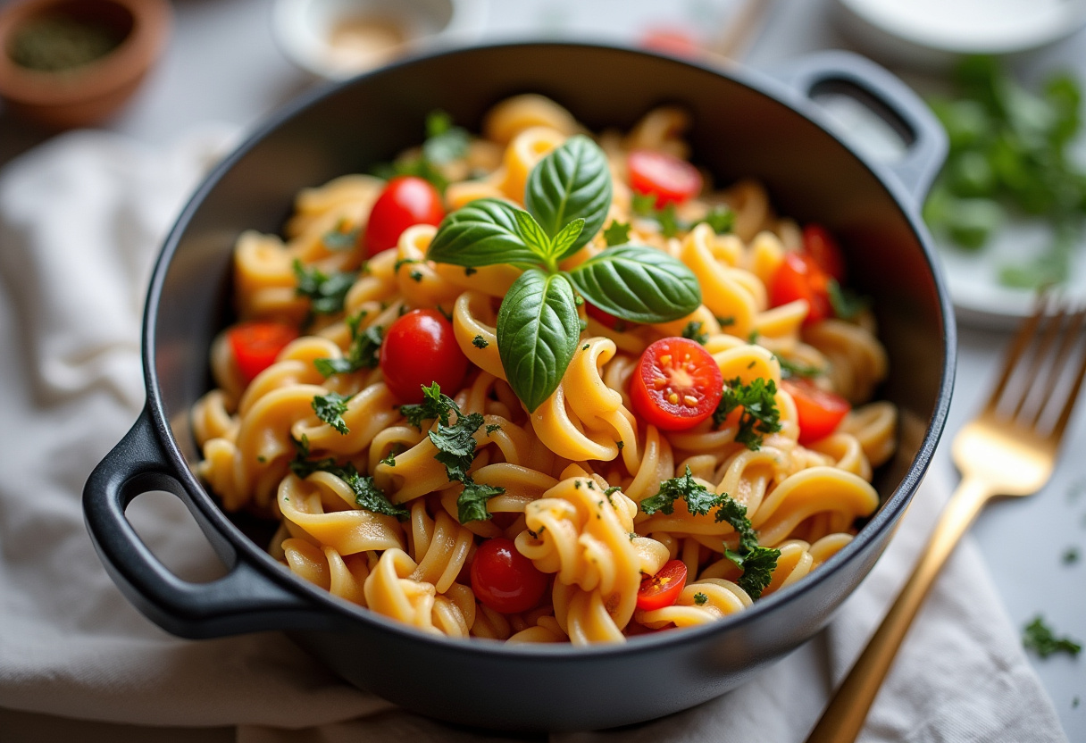 Finition de recette de pâtes saines avec légumes pour un repas rapide et savoureux.
