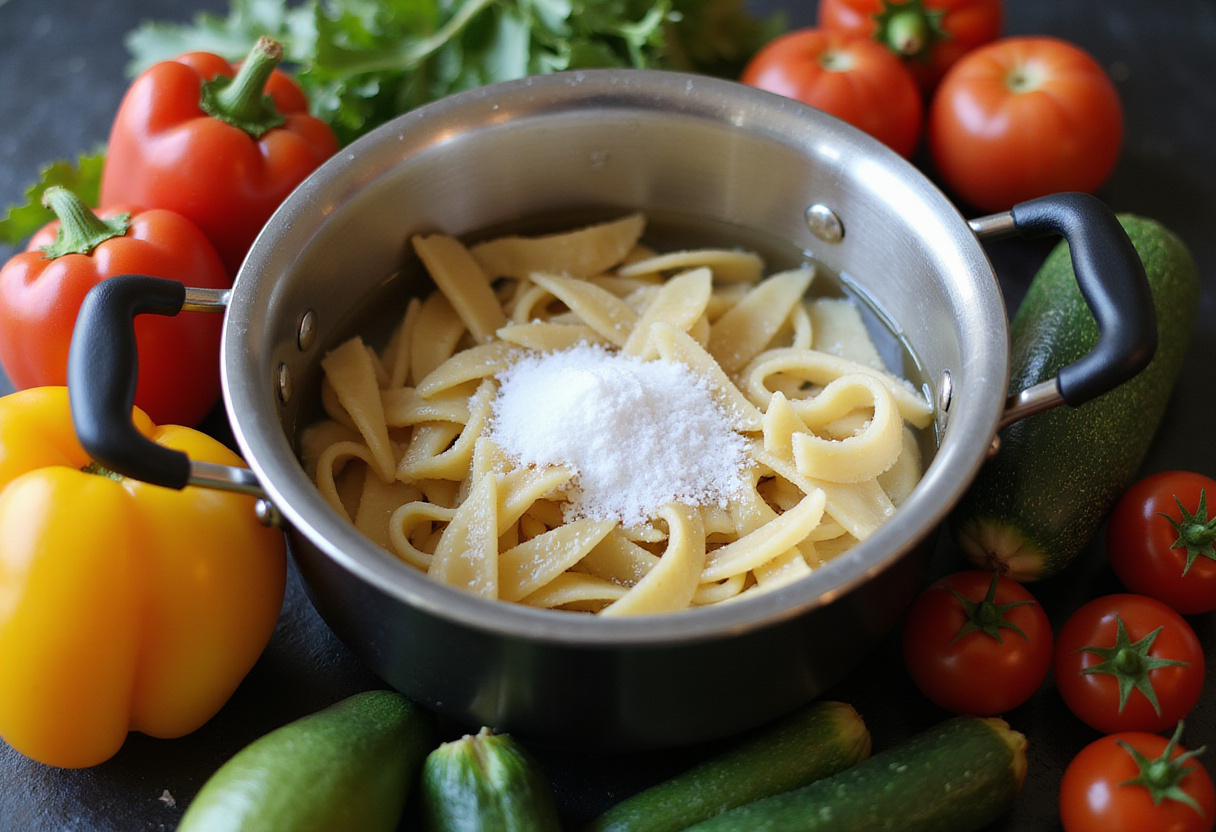 Recette de pâtes saines avec légumes frais prêts à être ajoutés dans l'eau bouillante.