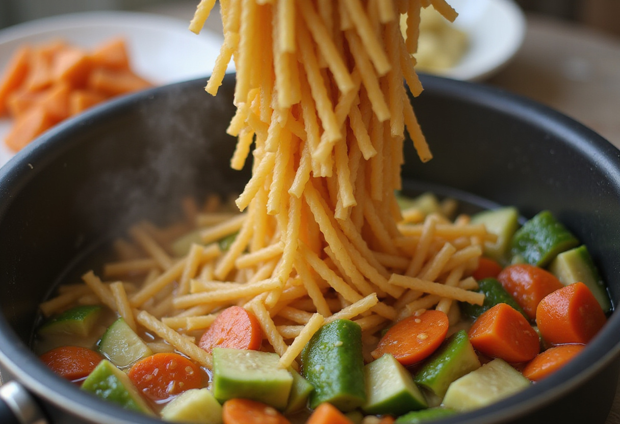 Pâtes aux légumes ajoutées dans l'eau pour recette de pâtes saines et rapide.