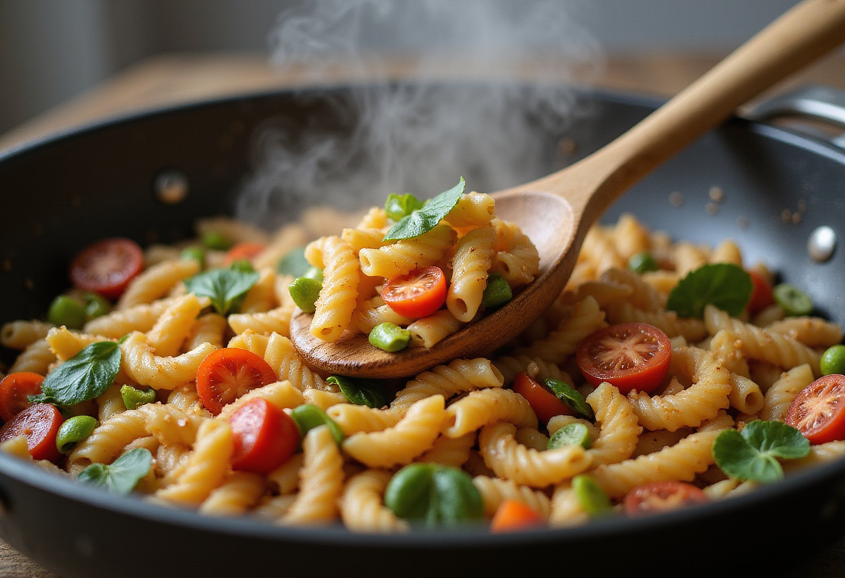 Mélange de pâtes et de légumes en cuisson pour un plat rapide et sain.